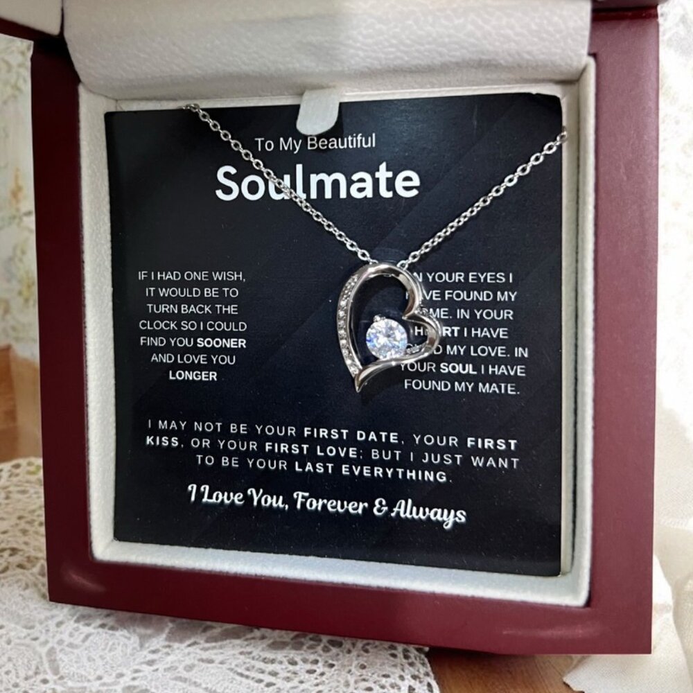 Heart-Shaped Soulmate Pendant Necklace With CZ Stone‎ In Elegant Wooden Gift Box